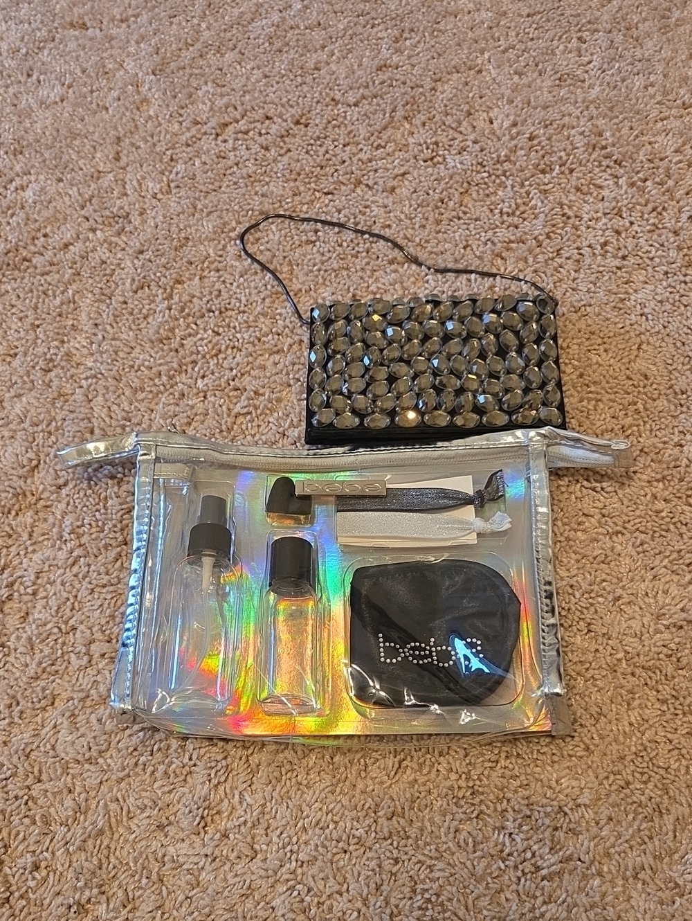 bebe Holographic Travel Makeup Bag Set with Black Beaded Pouch